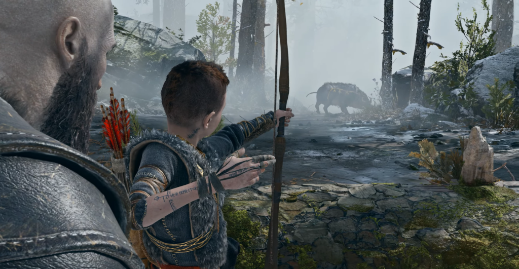 First-person view aiming in dark industrial corridor