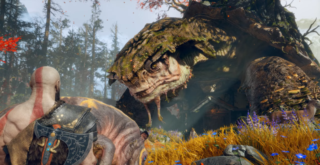 Gun aiming at red elevator doors indoors