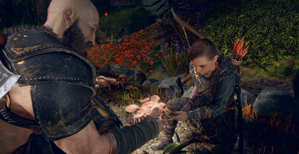 Кратос и Атрей из God of War собирают грибы в лесу