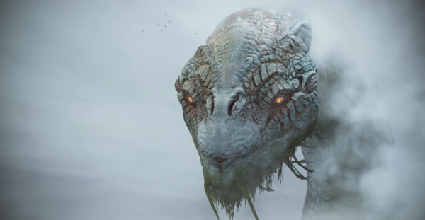 Голова серого дракона смотрит сквозь туман