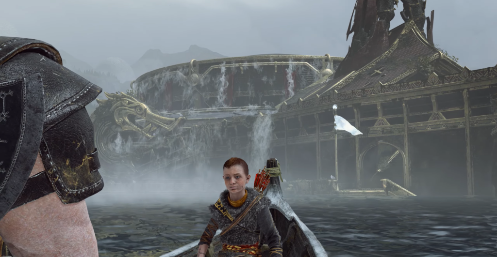 Атрей сидит в лодке у храма, God of War