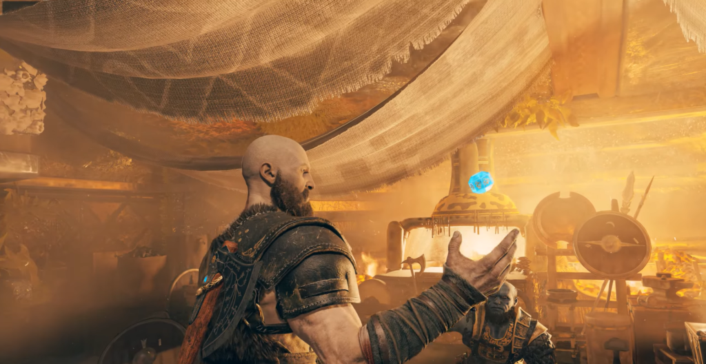 Fantasy warriors posing by campfire in mountainous landscape