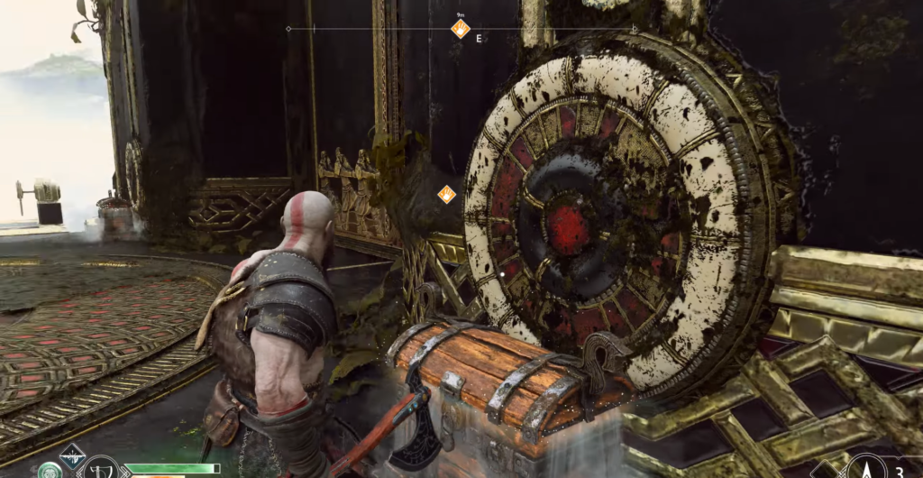Кратос открывает сундук у круглого механизма в храме