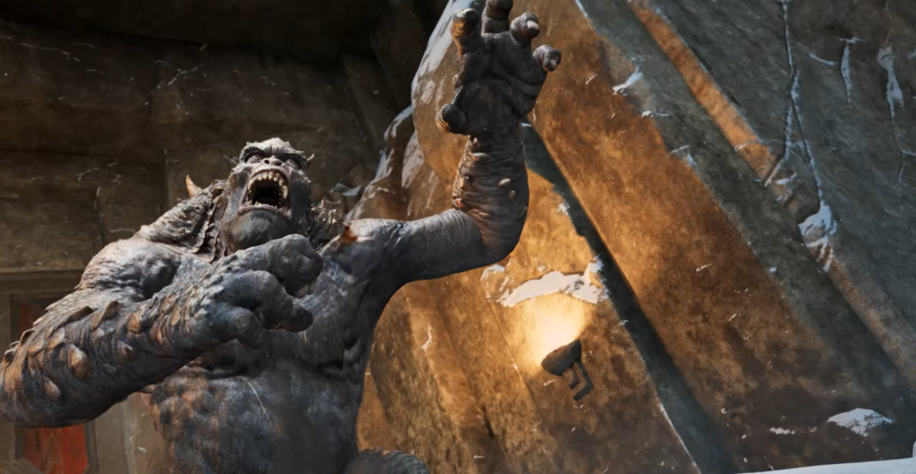 Skyrim player casts purple lightning at giant outdoors