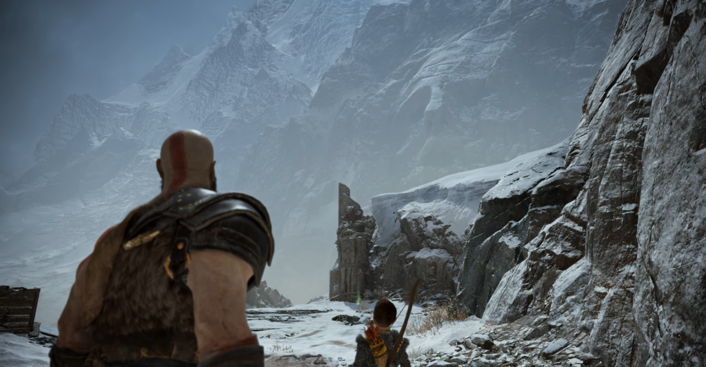 Blue dragon humanoid holds staff in smoky ruins