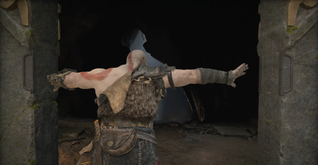 Кратос из God of War раздвигает каменные двери