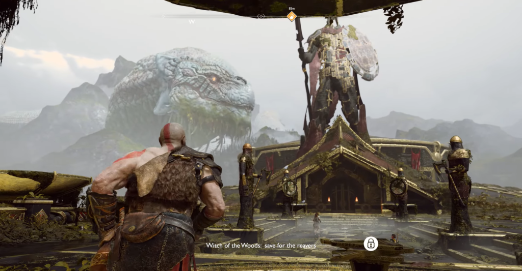 Кратос смотрит на змея у храма Асгарда God of War