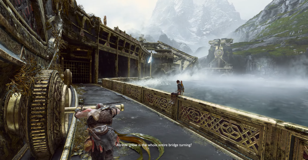 Кратос крутит механизм моста, Атрей сидит у воды