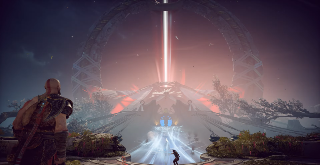 Robot bartender holding bottle behind bar shelves