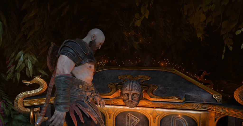 Кратос из God of War открывает сундук в лесу
