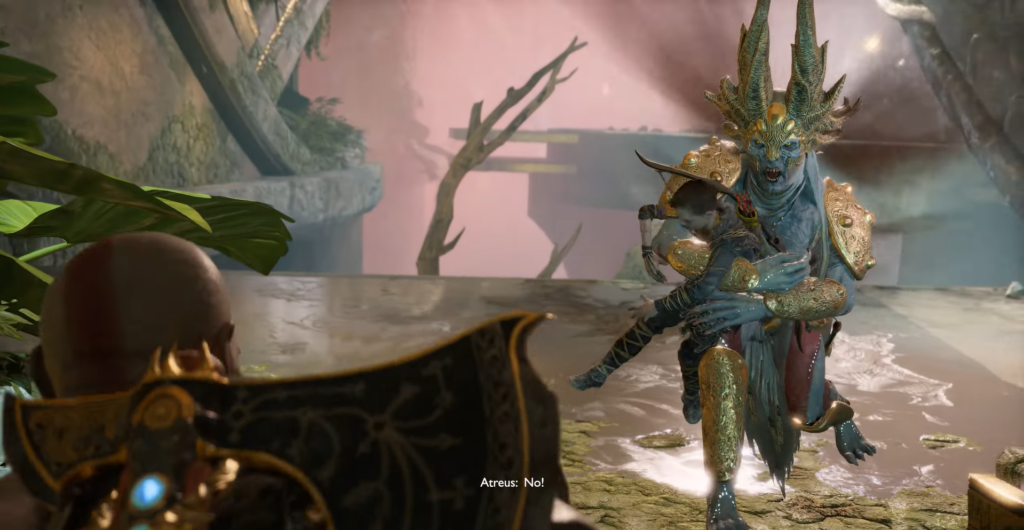 Синий монстр несет Атрея в руинах God of War