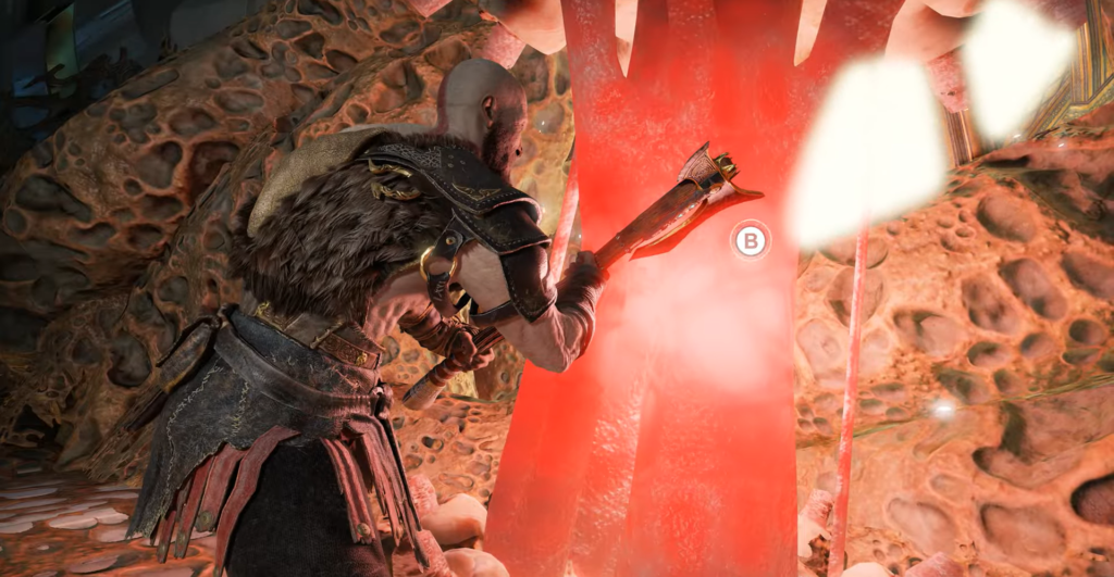 Кратос из God of War рубит красный кристалл в пещере