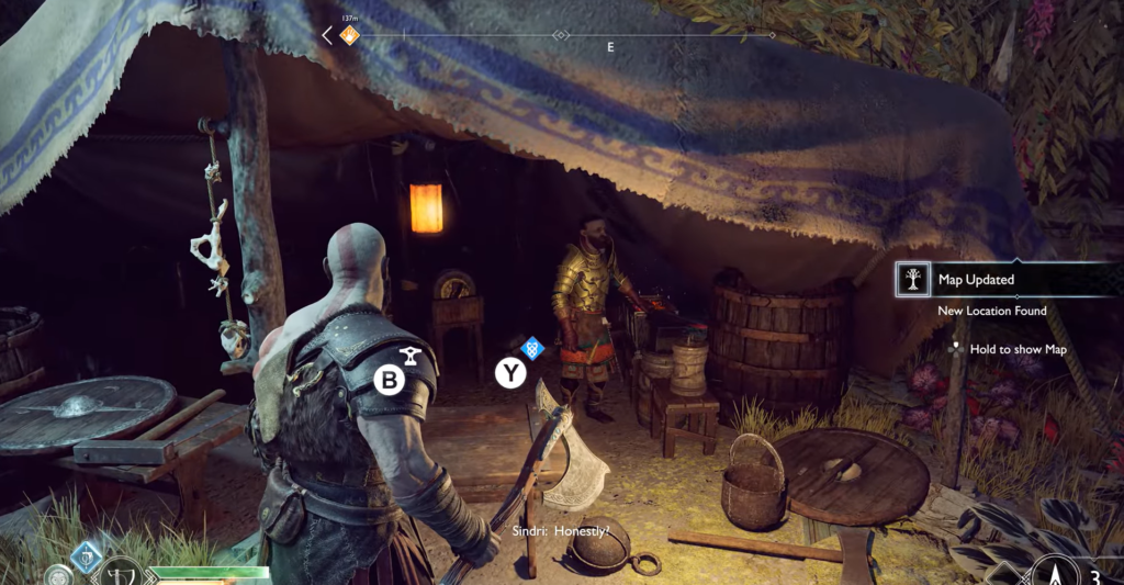 Кратос разговаривает с Синдри в палатке God of War