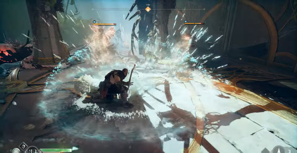 Кратос атакует врагов ледяной волной в зале