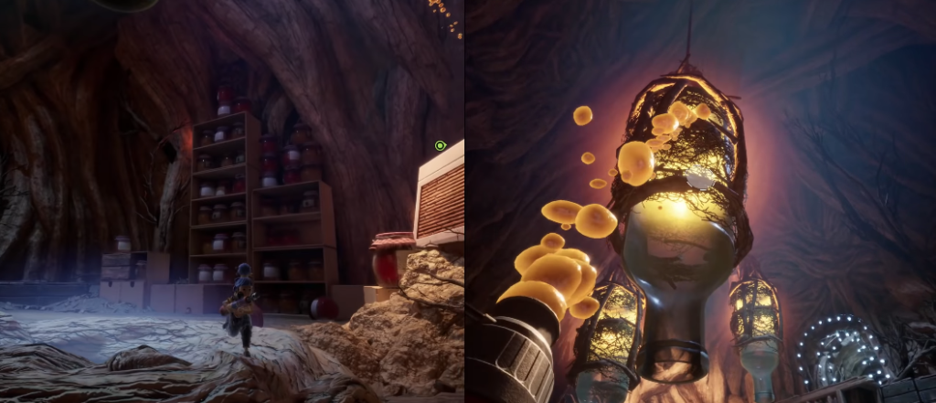 Персонаж бежит в пещере к светильникам