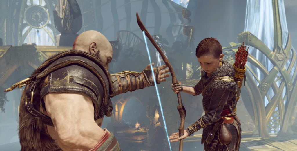 Кратос и Атрей натягивают лук в храме God of War