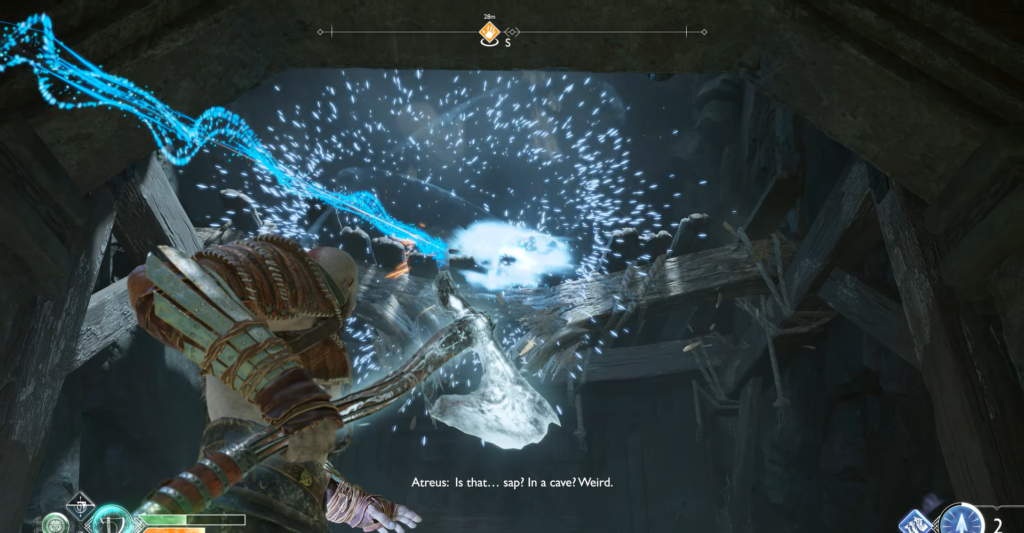 Кратос из God of War бросает топор в пещере