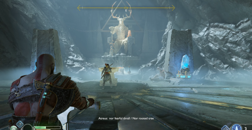 Кратос и Атрей стоят в пещере God of War