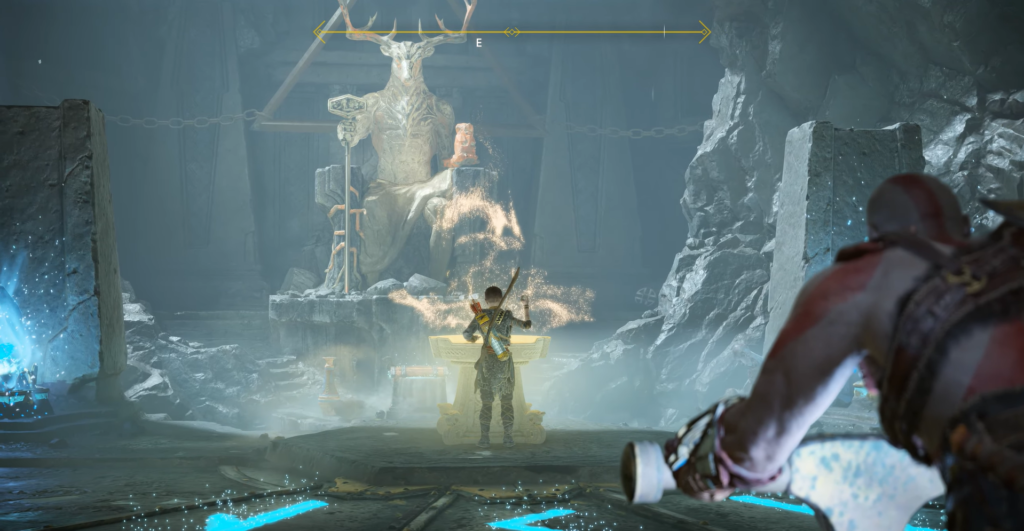 Атрей читает у алтаря в пещере God of War