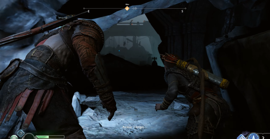 Кратос и Атрей крадутся по снежной пещере God of War