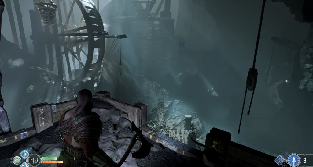 Кратос из God of War стоит в пещере