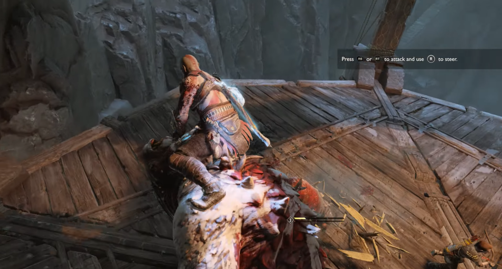 Кратос едет на драконе на деревянной платформе