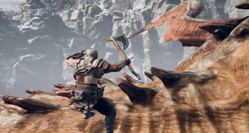 Кратос из God of War сражается на драконе в горах
