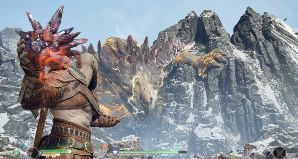 Кратос сражается с драконом в горах God of War