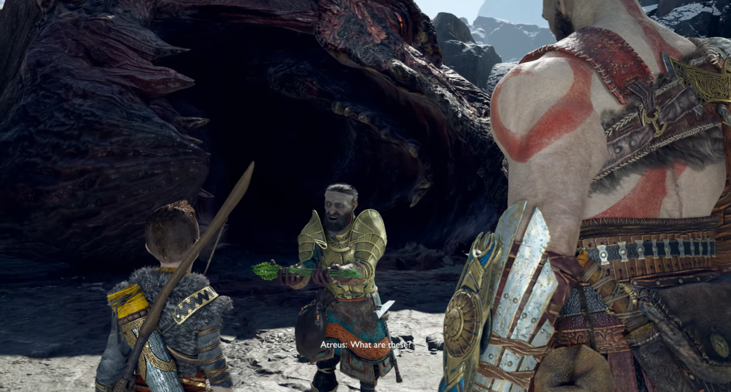 Атрей, Кратос и Брок в пещере God of War