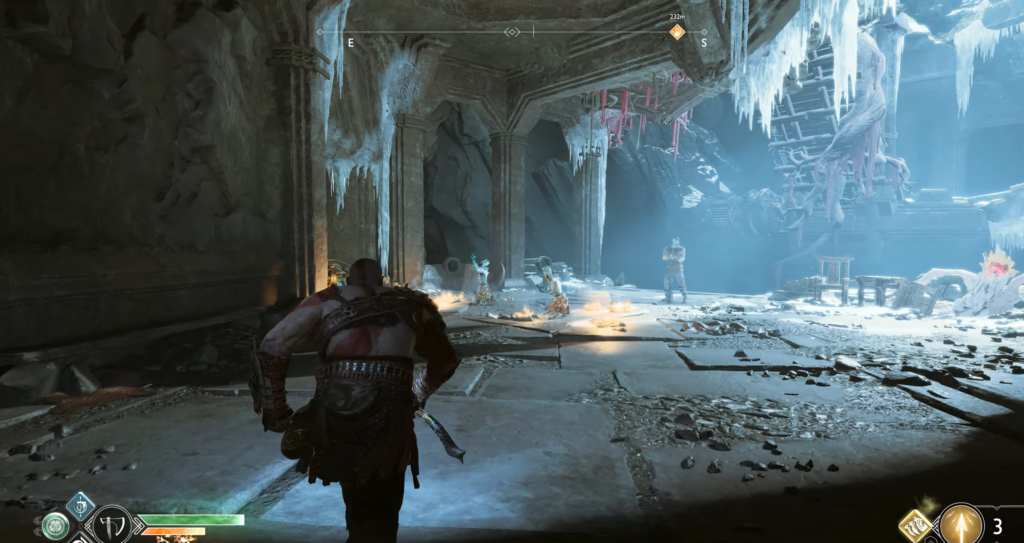 Кратос бежит по ледяным руинам в God of War