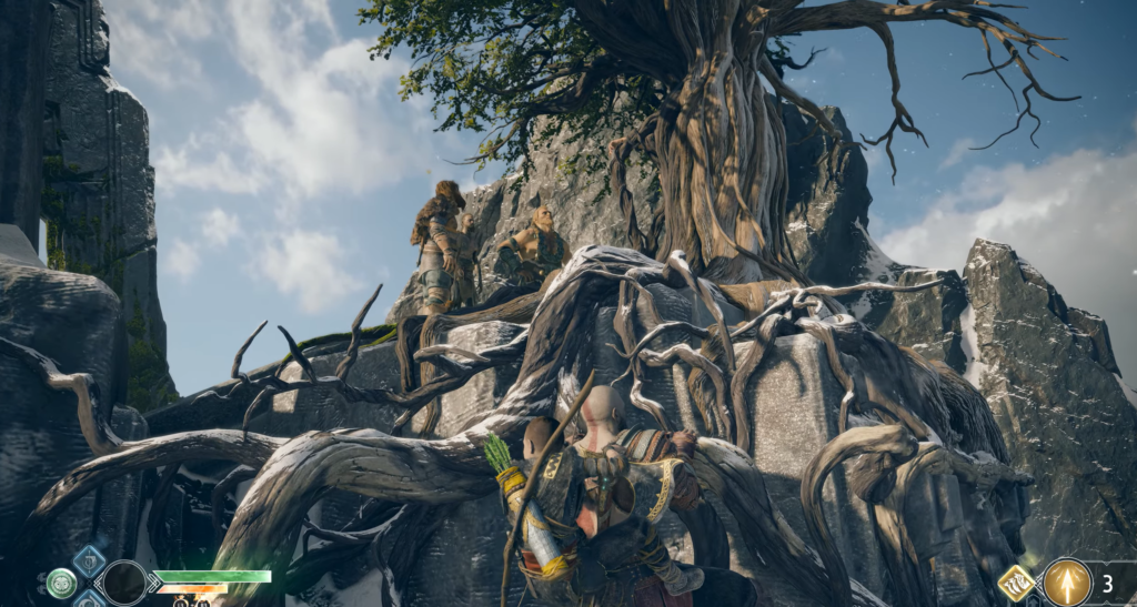 Кратос из God of War карабкается по корням скалы