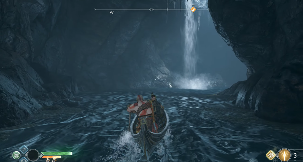 Кратос и Атрей плывут на лодке к водопаду