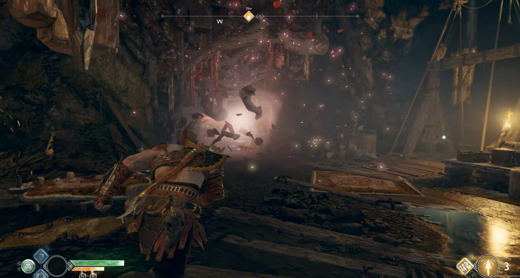 Кратос из God of War взрывает стену в пещере