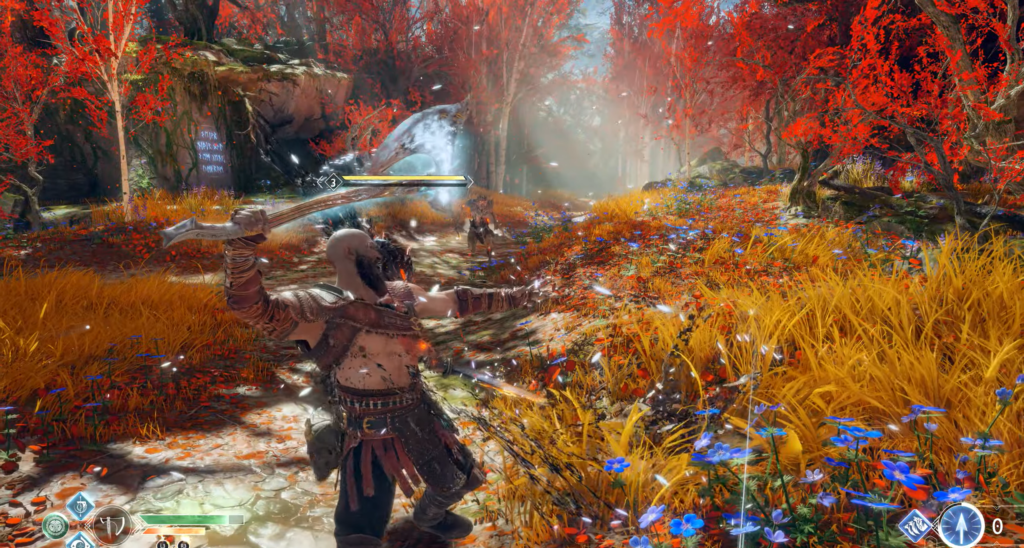 Кратос сражается в лесу с красными деревьями