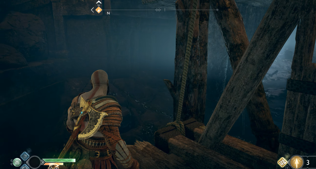 Кратос стоит на деревянной платформе у воды God of War