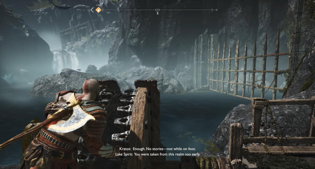 Кратос из God of War толкает механизм у озера