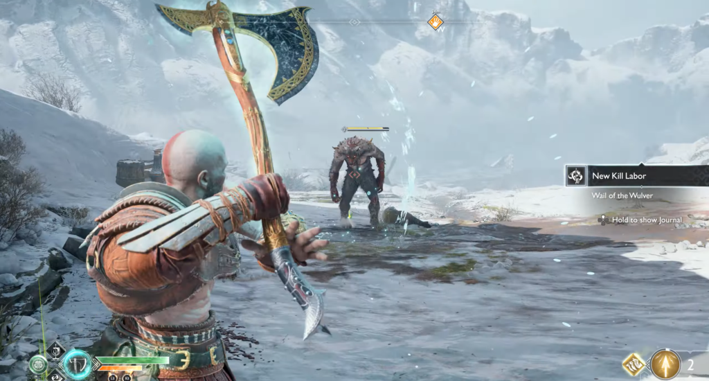 Кратос из God of War целится топором в снегу