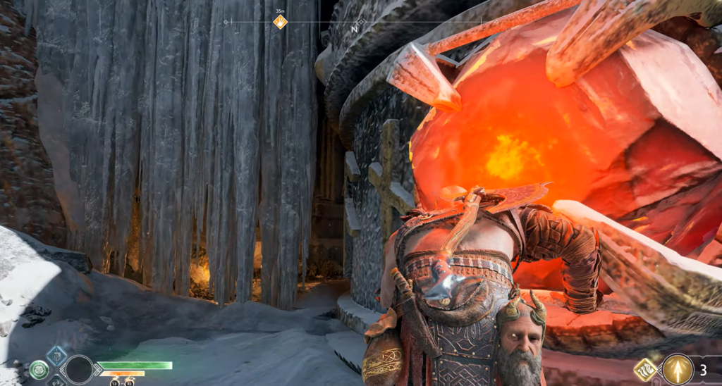 Кратос из God of War открывает огненную дверь в пещере