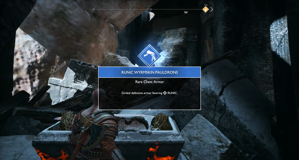 Кратос открывает сундук с броней в руинах God of War