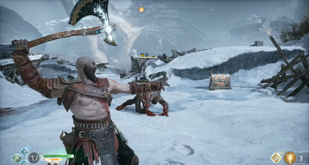 Кратос из God of War замахивается топором в снегу