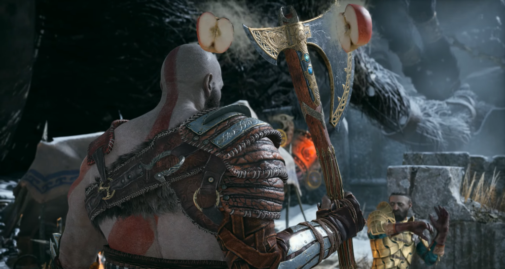 Кратос из God of War держит топор в снегу