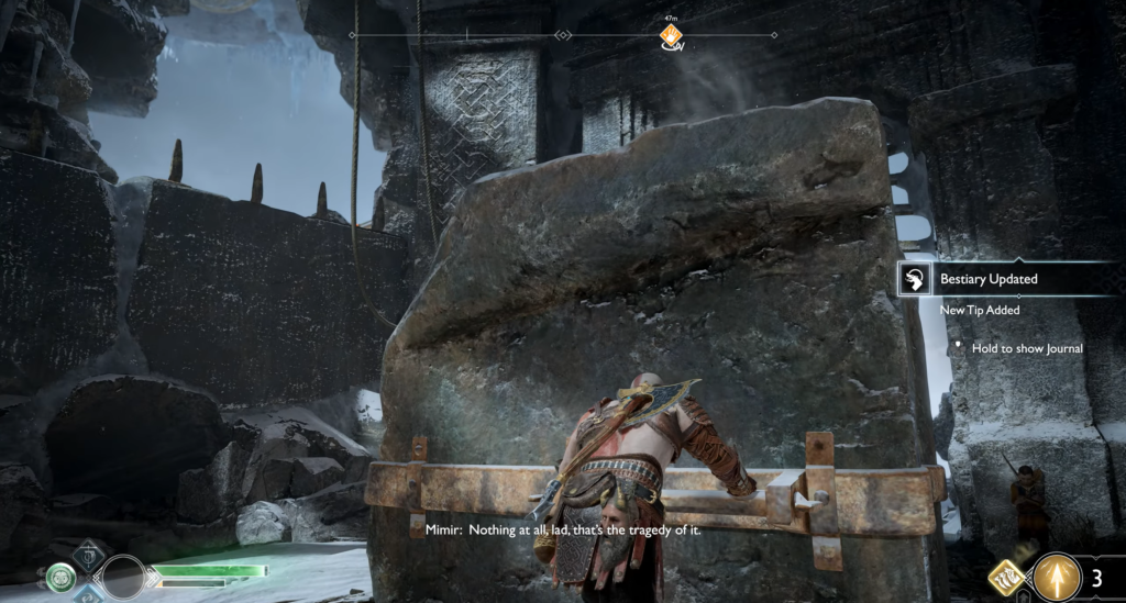 Кратос из God of War толкает каменную плиту в руинах