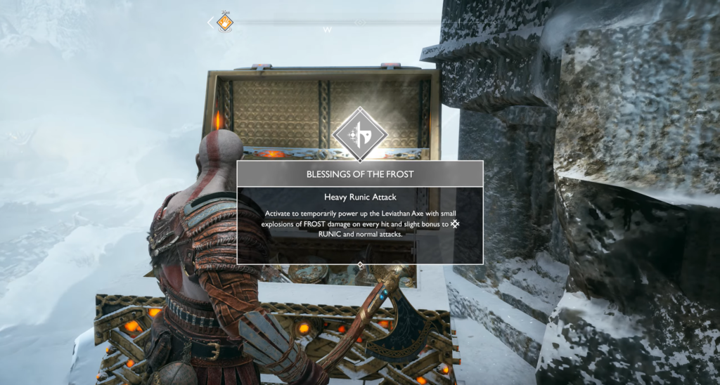 Кратос открывает сундук в снегу, God of War