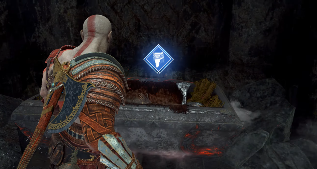 Кратос открывает сундук в пещере God of War