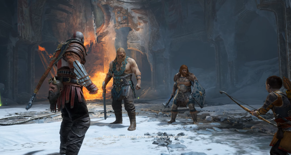 Кратос и Атрей сражаются с Моди в руинах