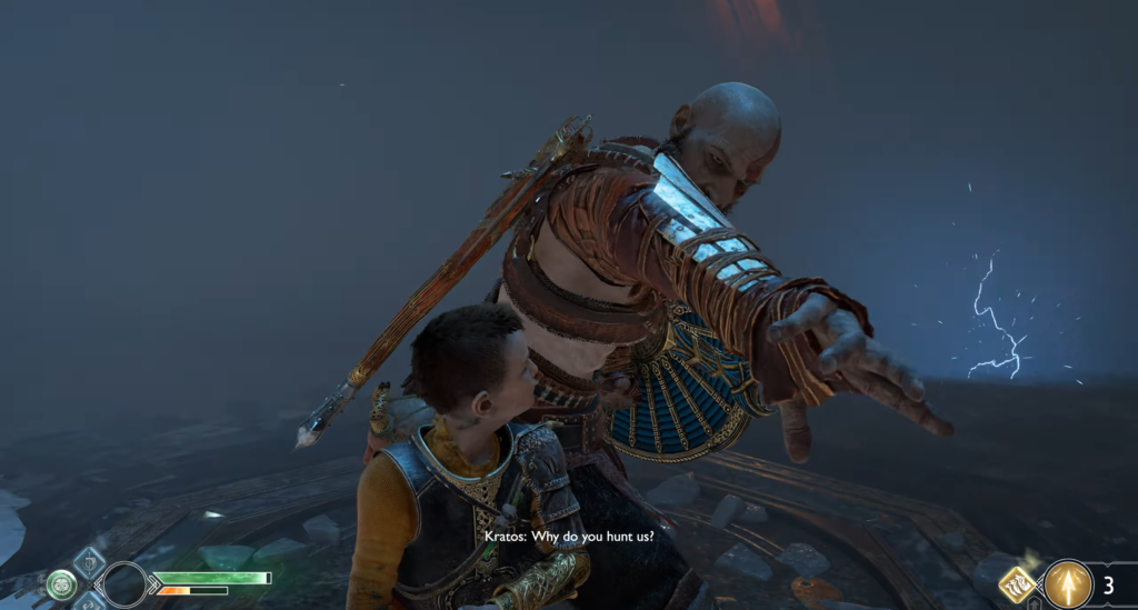 Кратос и Атрей защищаются от молнии в God of War