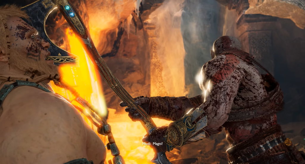 Кратос сражается с Моди в огненной пещере