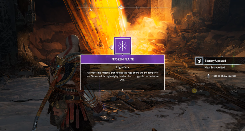 Кратос получает Frozen Flame среди огненных руин God of War