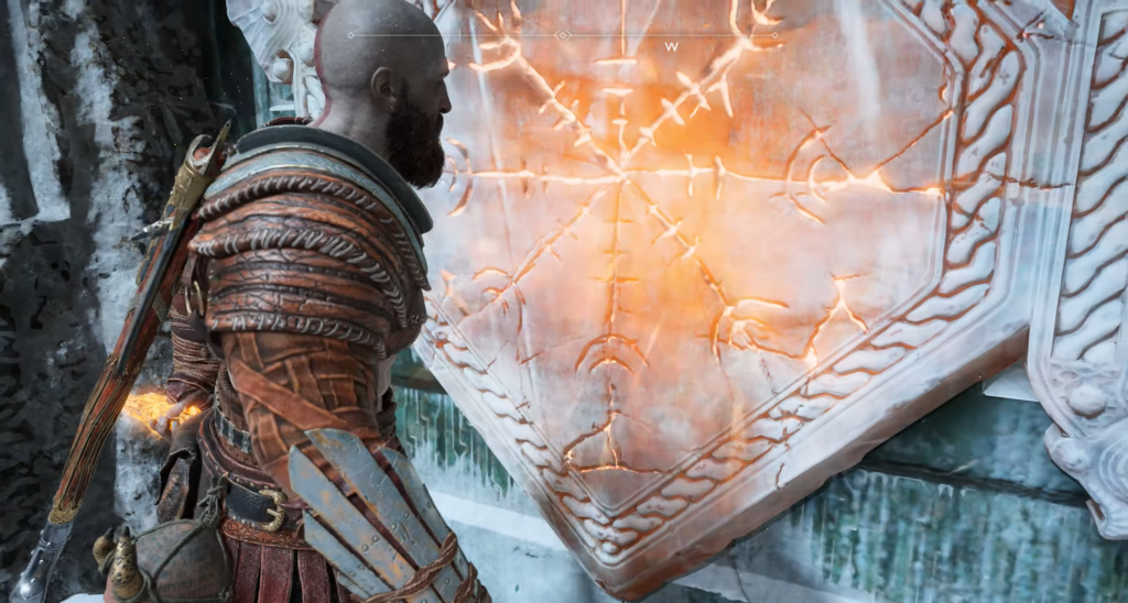 Кратос из God of War смотрит на руны на стене