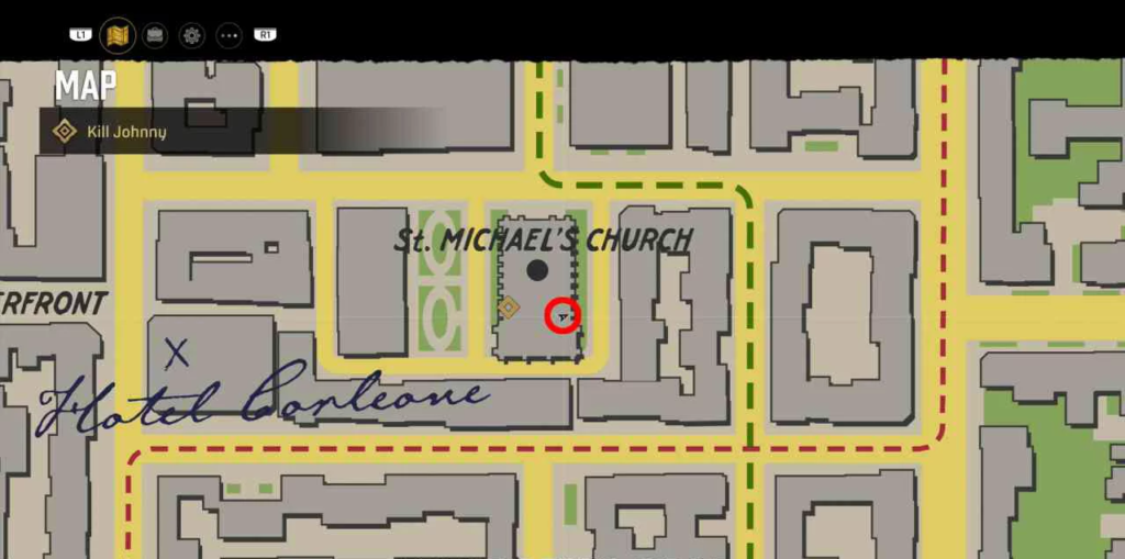 Карта игры с меткой у церкви St. Michael's Church